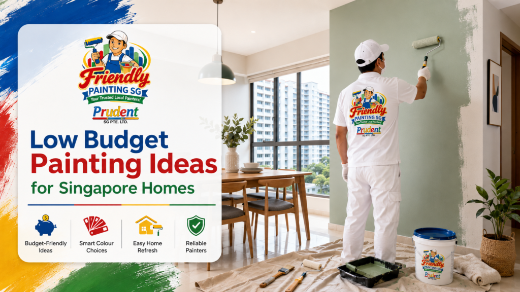Professional painter applying fresh wall paint in a modern Singapore home with Friendly Painting SG and Prudent branding