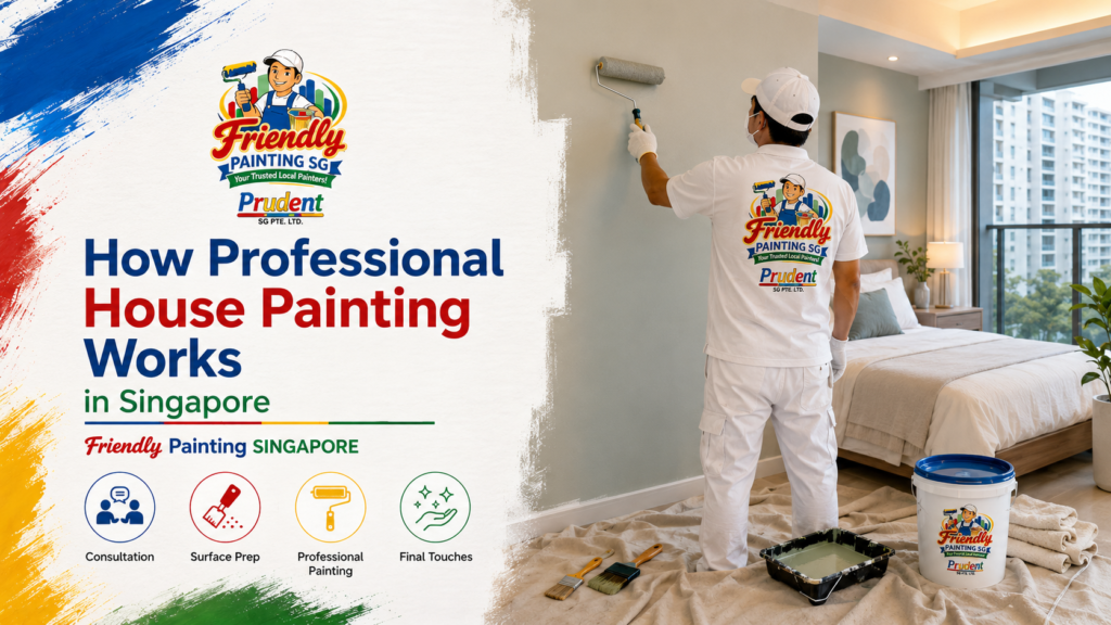 Professional painter applying fresh wall paint in a modern Singapore bedroom with Friendly Painting SG and Prudent branding