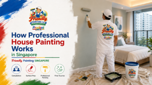 Professional painter applying fresh wall paint in a modern Singapore bedroom with Friendly Painting SG and Prudent branding