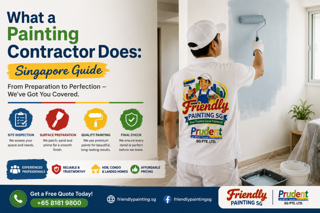 Professional painting contractor applying fresh paint in a Singapore home, showing preparation, painting, and final inspection services with Friendly Painting SG and Prudent branding
