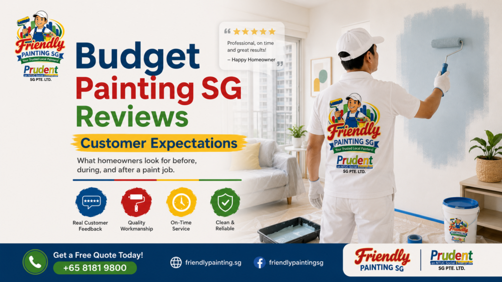 Budget Painting SG Reviews feature image showing a professional painter at work in a Singapore home with customer review highlights, service benefits, and Friendly Painting SG branding