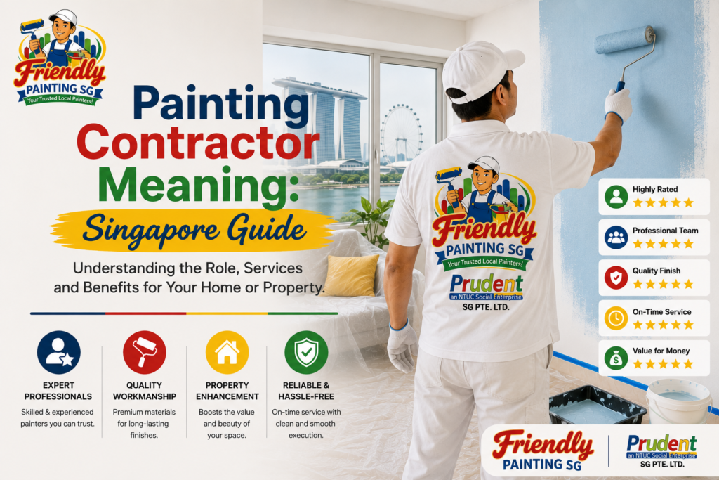 Feature image explaining painting contractor meaning in Singapore, showing a Friendly Painting SG painter working inside a modern home with service benefits and local branding.