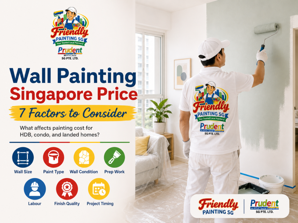 Feature image for Wall Painting Singapore Price showing a professional painter working inside a home, with seven key painting cost factors highlighted, including wall size, paint type, wall condition, prep work, labour, finish quality, and project timing.