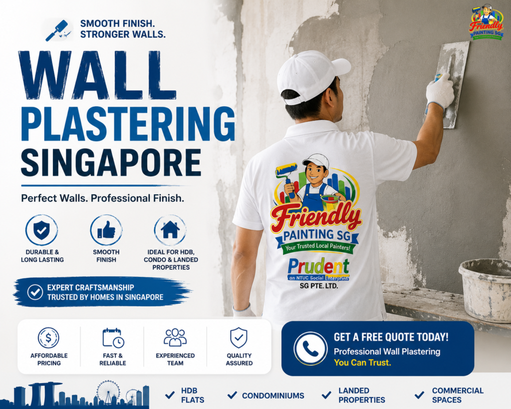 Professional worker providing wall plastering services in a Singapore home with Friendly Painting SG and Prudent branding