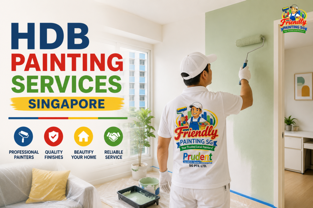 Professional painter providing HDB painting services in a modern Singapore flat with Friendly Painting SG and Prudent branding