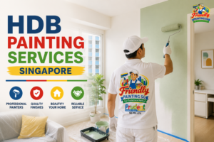 Professional painter providing HDB painting services in a modern Singapore flat with Friendly Painting SG and Prudent branding
