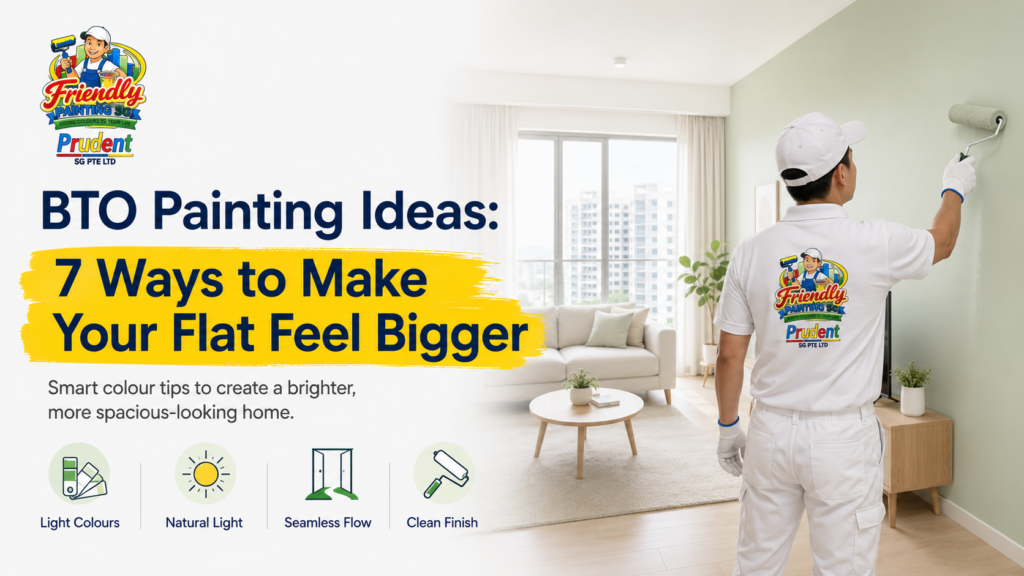 BTO painting ideas feature image showing a Friendly Painting SG painter using light colours in a bright Singapore flat to create a bigger, more spacious feel.