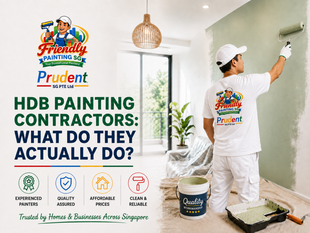 HDB painting contractors in Singapore painting an interior wall for Friendly Painting SG.