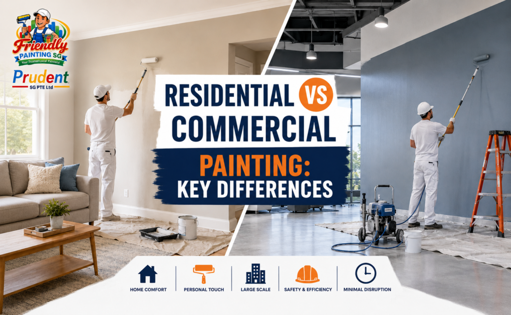 Residential vs commercial painting comparison showing painters working in a home and commercial space for Friendly Painting SG.