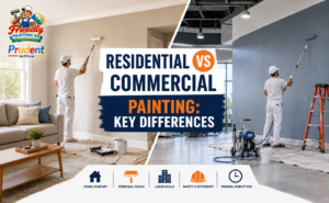 Residential vs commercial painting comparison showing painters working in a home and commercial space for Friendly Painting SG.