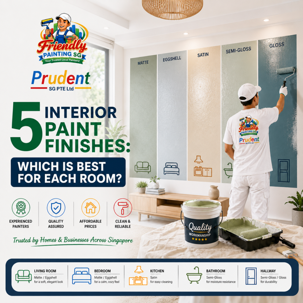 Professional painter demonstrating five interior paint finishes including matte, eggshell, satin, semi-gloss, and gloss for different rooms in a Singapore home.