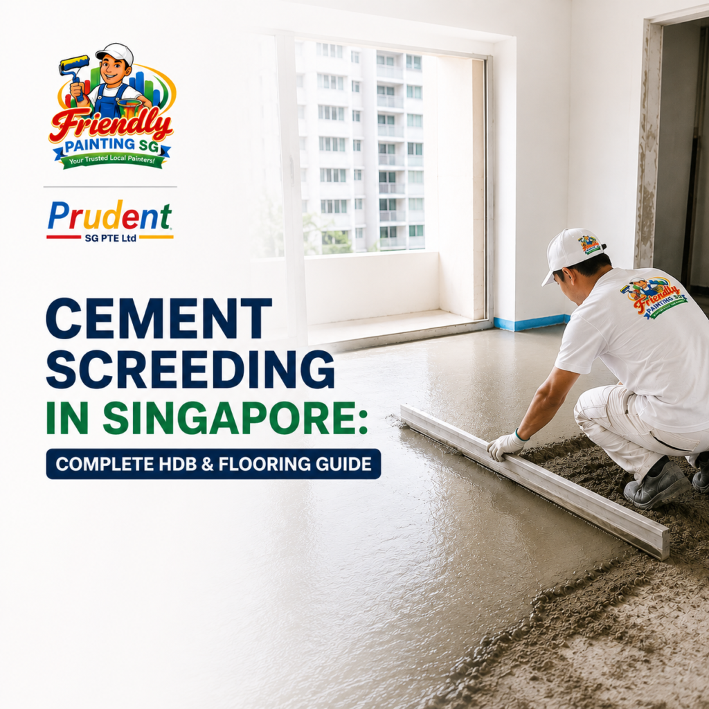 Professional cement screeding service in a Singapore HDB home, showing a worker leveling a smooth cement floor for renovation and flooring preparation.