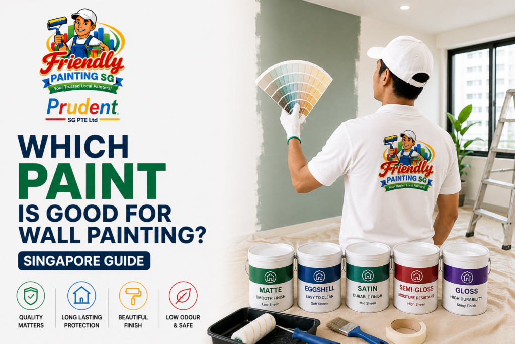 Professional painter comparing wall paint colours and finishes in a Singapore home, with matte, eggshell, satin, semi-gloss, and gloss paint options displayed.