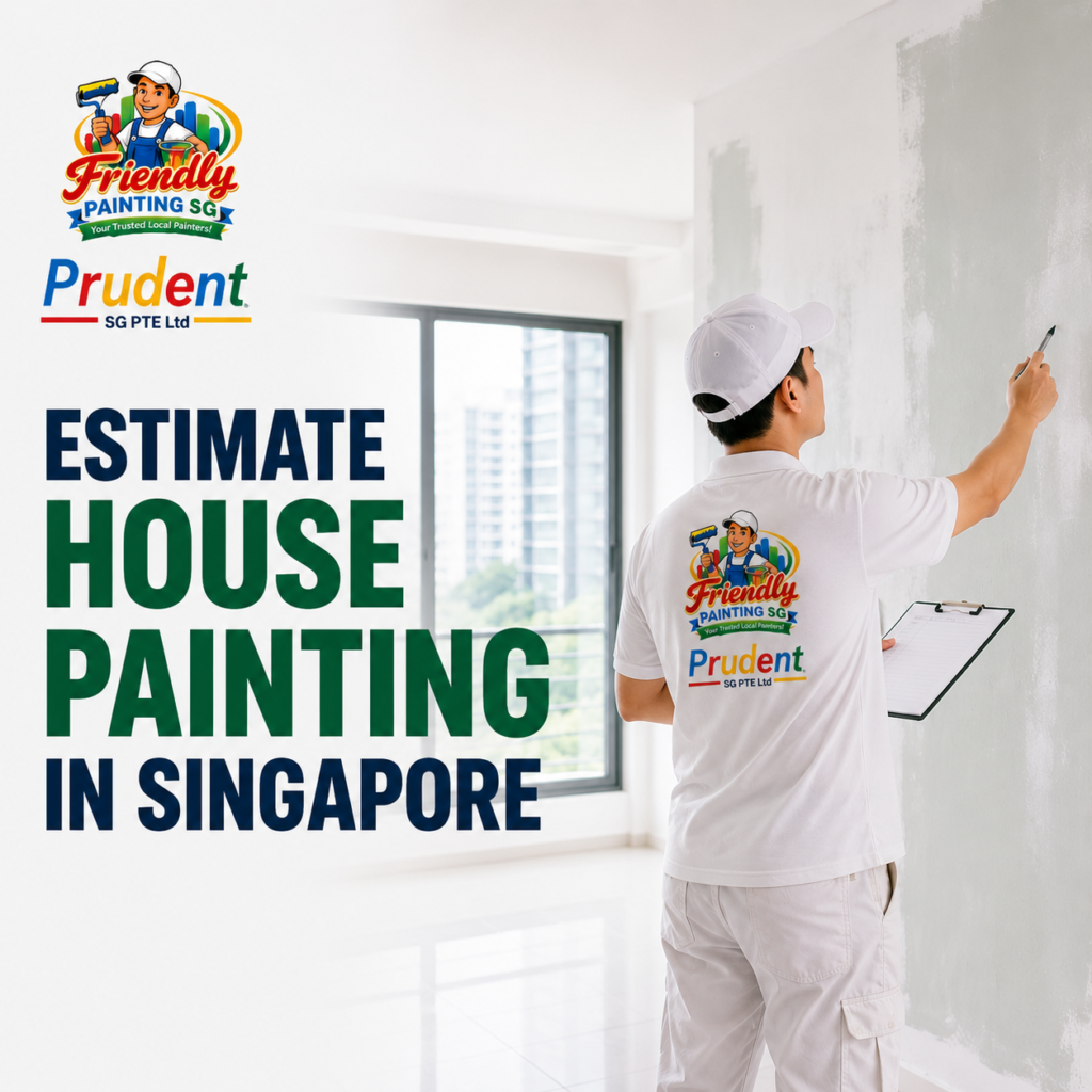 Professional painter inspecting an interior wall and preparing a house painting estimate for a Singapore home.