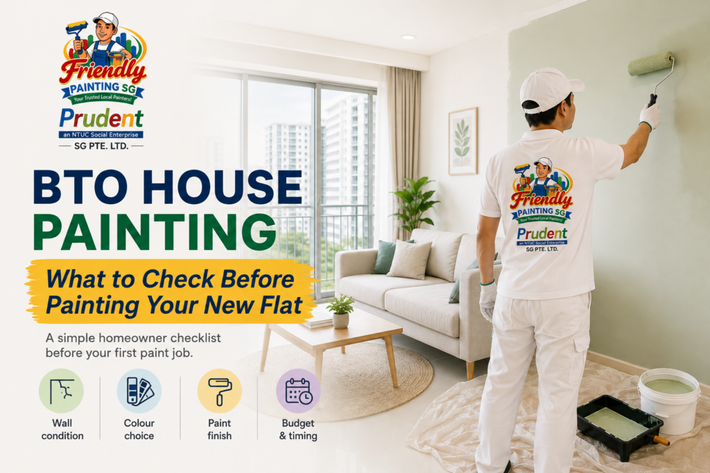 BTO house painting checklist showing a professional painter working in a new Singapore flat with tips on wall condition, colour choice, paint finish, and budget planning by Friendly Painting SG.