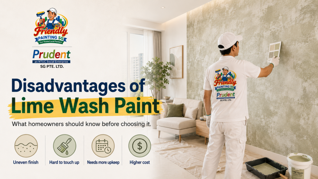 Disadvantages of lime wash paint showing a textured limewash wall, painter inspecting the finish, and key drawbacks like uneven finish, difficult touch-ups, maintenance, and higher cost by Friendly Painting SG.