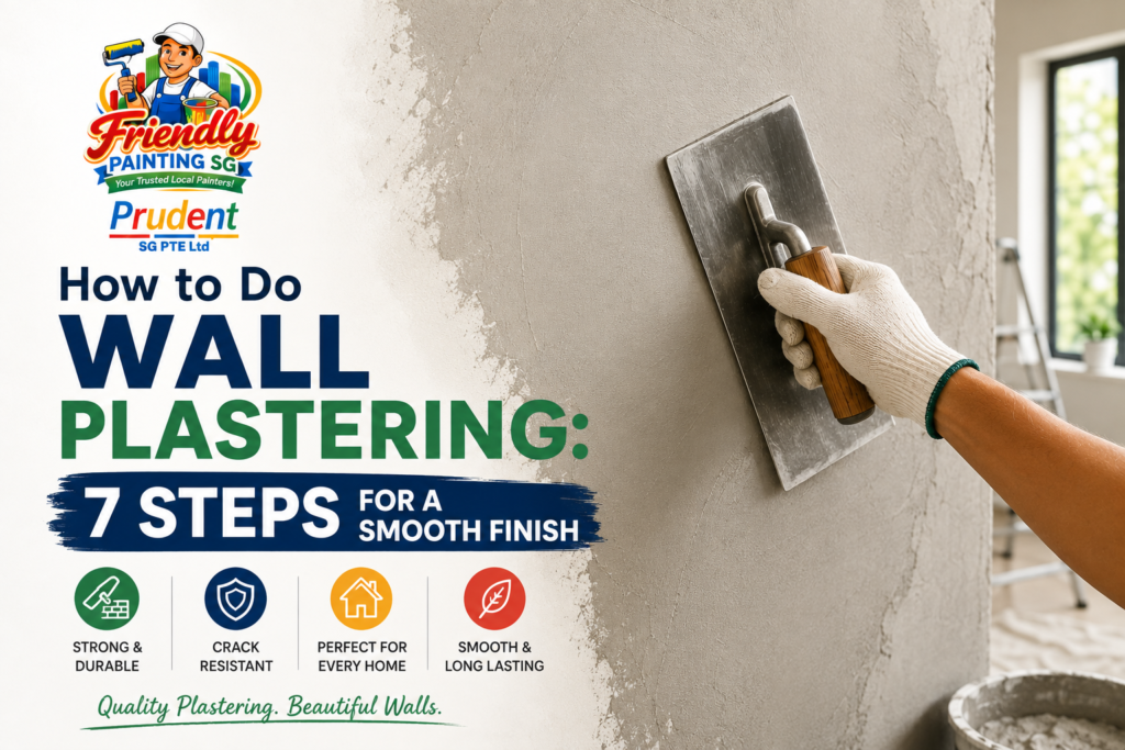 How to do wall plastering: 7 steps for a smooth finish feature image showing a plastering trowel, smooth wall surface, and Friendly Painting SG branding.
