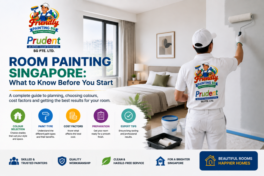 Room painting Singapore guide showing a professional painter working in a modern bedroom with key tips on colour selection, paint types, cost factors, preparation, and expert painting services by Friendly Painting SG.