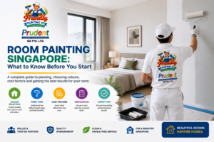 Room painting Singapore guide showing a professional painter working in a modern bedroom with key tips on colour selection, paint types, cost factors, preparation, and expert painting services by Friendly Painting SG.