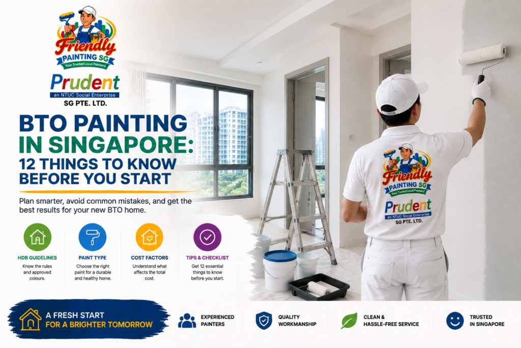 BTO painting in Singapore guide showing a professional painter working in a new BTO flat with key tips including HDB guidelines, paint selection, cost factors, preparation checklist, and expert painting service by Friendly Painting SG.