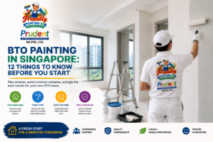 BTO painting in Singapore guide showing a professional painter working in a new BTO flat with key tips including HDB guidelines, paint selection, cost factors, preparation checklist, and expert painting service by Friendly Painting SG.