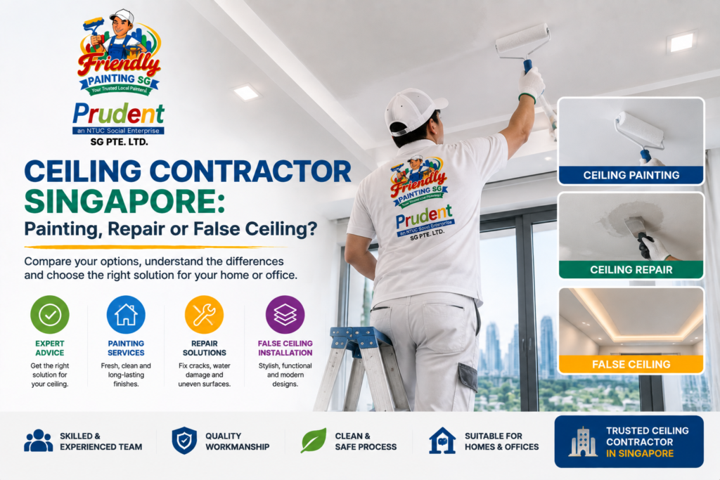 Ceiling contractor Singapore guide showing a professional worker painting a ceiling with options for ceiling painting, repair, and false ceiling installation in a modern home or office by Friendly Painting SG.