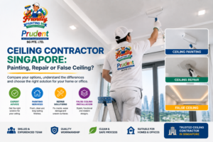 Ceiling contractor Singapore guide showing a professional worker painting a ceiling with options for ceiling painting, repair, and false ceiling installation in a modern home or office by Friendly Painting SG.