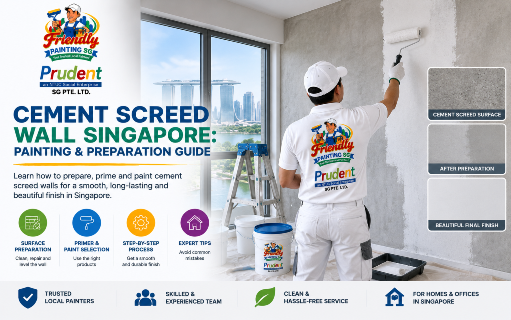 Cement screed wall Singapore guide showing a professional painter preparing and painting a cement screed wall with surface preparation, primer selection, painting steps, and finishing tips by Friendly Painting SG.