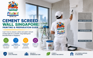 Cement screed wall Singapore guide showing a professional painter preparing and painting a cement screed wall with surface preparation, primer selection, painting steps, and finishing tips by Friendly Painting SG.
