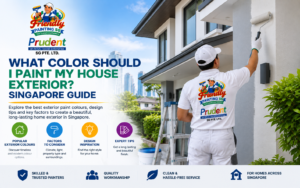 House exterior painting guide in Singapore showing a professional painter applying paint to a modern home with tips on exterior colours, climate, property style, design choices, and long-lasting finishes by Friendly Painting SG.