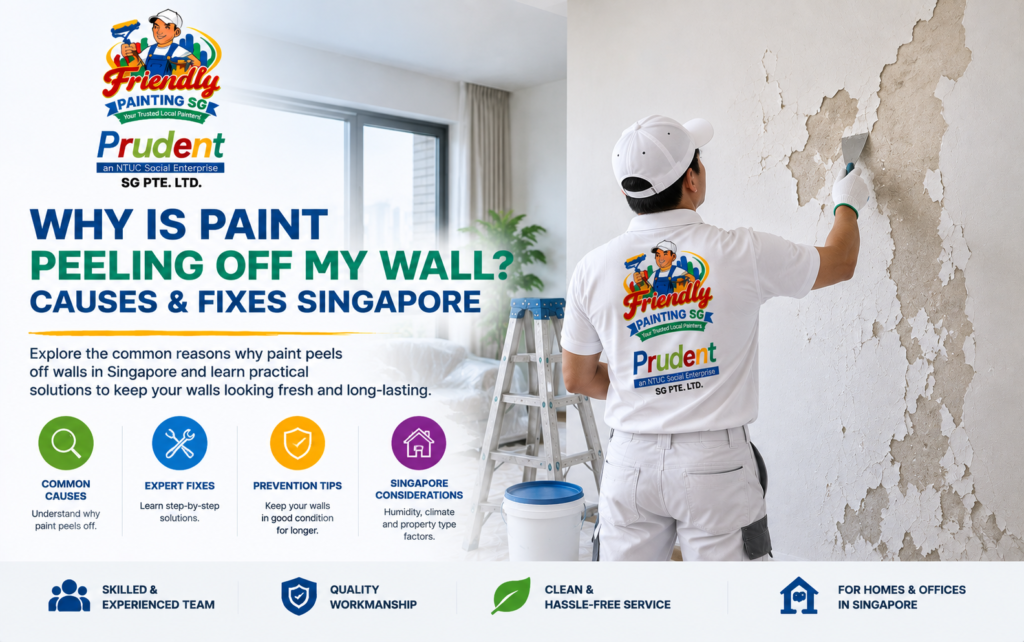 Paint peeling off wall in Singapore showing a professional painter scraping damaged paint with guidance on common causes, repair solutions, prevention tips, humidity, and wall maintenance by Friendly Painting SG.