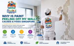 Paint peeling off wall in Singapore showing a professional painter scraping damaged paint with guidance on common causes, repair solutions, prevention tips, humidity, and wall maintenance by Friendly Painting SG.