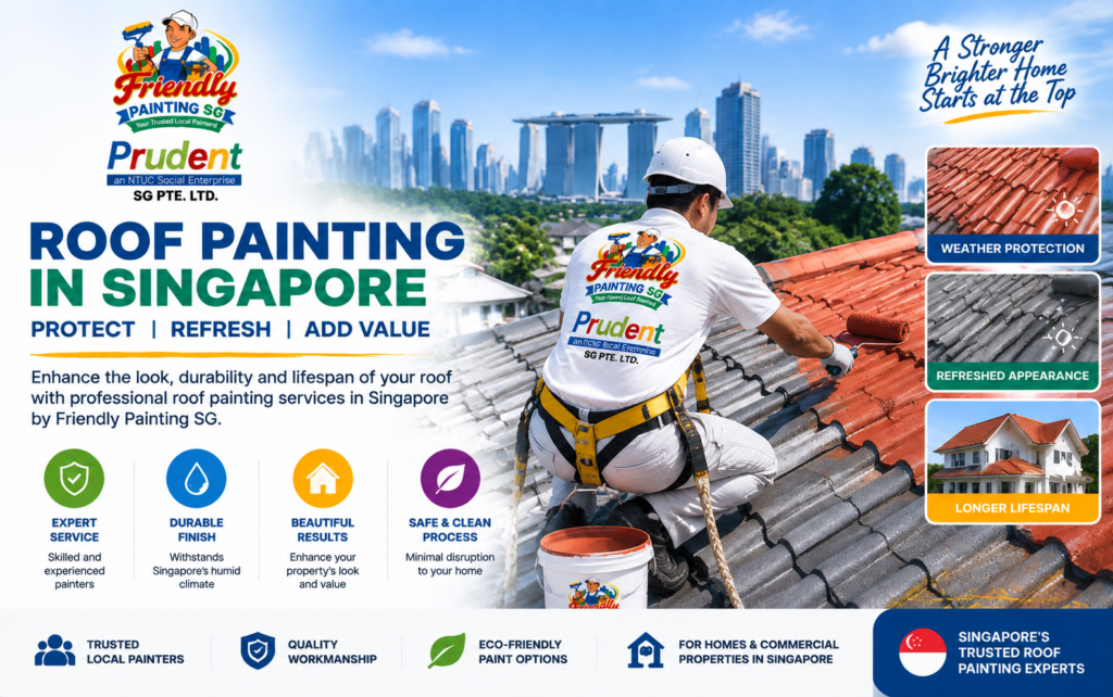 Roof painting in Singapore showing a professional painter applying protective roof coating on a residential property with benefits like weather protection, refreshed appearance, durability, and longer roof lifespan by Friendly Painting SG.