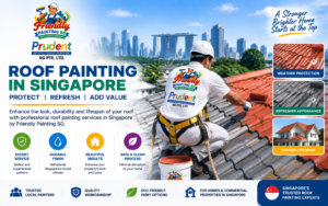 Roof painting in Singapore showing a professional painter applying protective roof coating on a residential property with benefits like weather protection, refreshed appearance, durability, and longer roof lifespan by Friendly Painting SG.