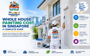 Whole house painting cost in Singapore guide showing professional painters refreshing a modern home exterior with information about cost factors, interior and exterior painting, money-saving tips, and long-lasting results by Friendly Painting SG.