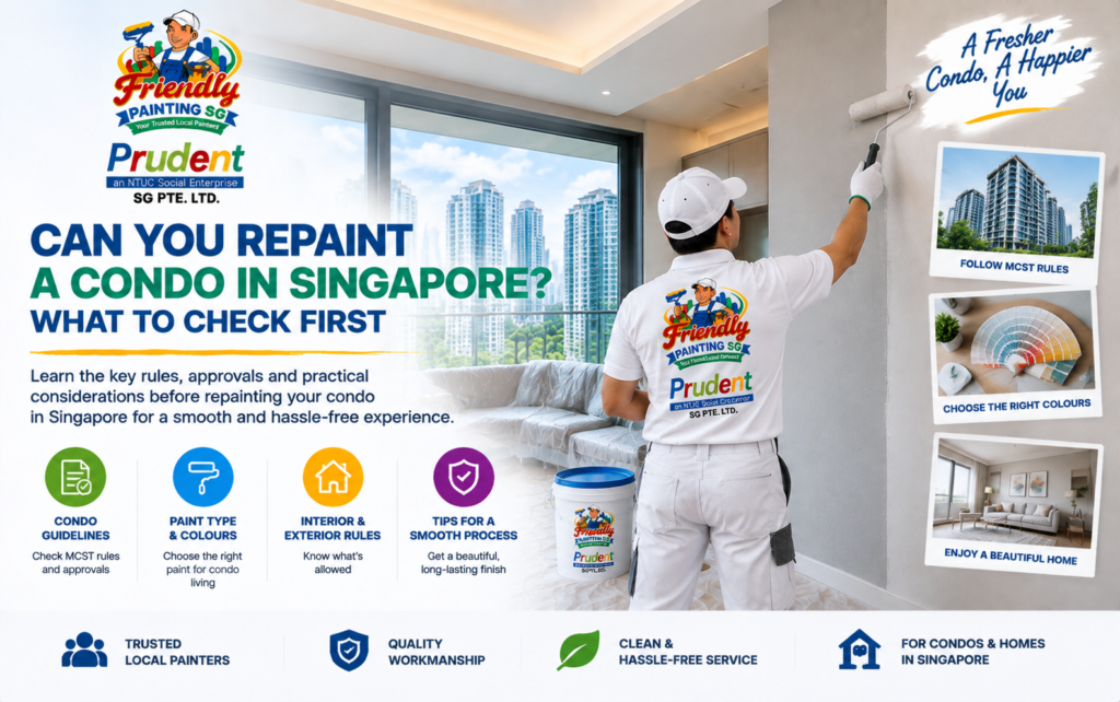 Can you repaint a condo in Singapore guide showing a professional painter working inside a modern condo with key checks including condo guidelines, paint selection, interior and exterior rules, and preparation tips by Friendly Painting SG.