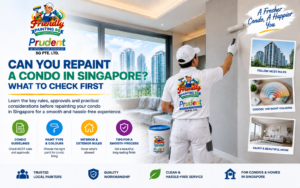Can you repaint a condo in Singapore guide showing a professional painter working inside a modern condo with key checks including condo guidelines, paint selection, interior and exterior rules, and preparation tips by Friendly Painting SG.