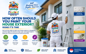 How often should you paint your house exterior guide showing a professional painter refreshing a Singapore home with signs like peeling paint, fading colours, cracks, mould, and stains along with exterior maintenance tips by Friendly Painting SG.