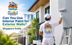 Can you use interior paint for exterior walls Singapore guide showing a professional painter applying paint to a home exterior with interior and exterior paint comparison, proper paint selection, and exterior wall painting advice by Friendly Painting SG.