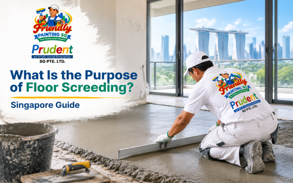Purpose of floor screeding in Singapore showing a level screed base before tiles vinyl and other floor finishes