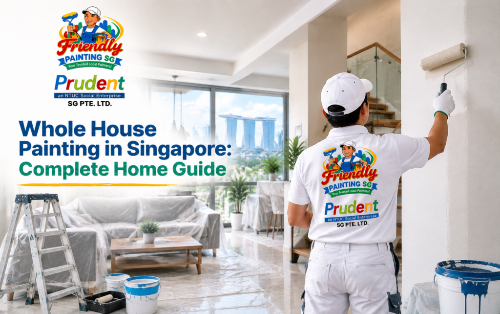 Whole house painting in Singapore guide showing a professional painter refreshing a modern home interior with covered furniture, painting tools, and expert home painting preparation for a smooth finish by Friendly Painting SG.