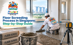 Floor screeding process in Singapore guide showing a professional worker applying and leveling floor screed in a modern apartment with tools, materials, preparation steps, and a smooth flooring finish by Friendly Painting SG.