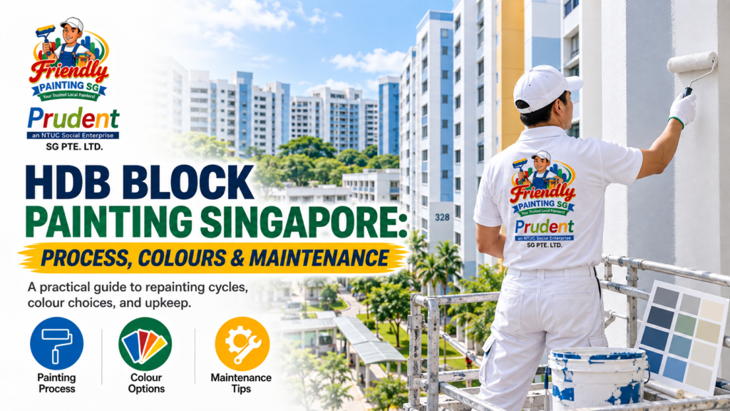 HDB Block Painting Singapore showing professional exterior wall painting process, colour selection, and maintenance tips by Friendly Painting SG.