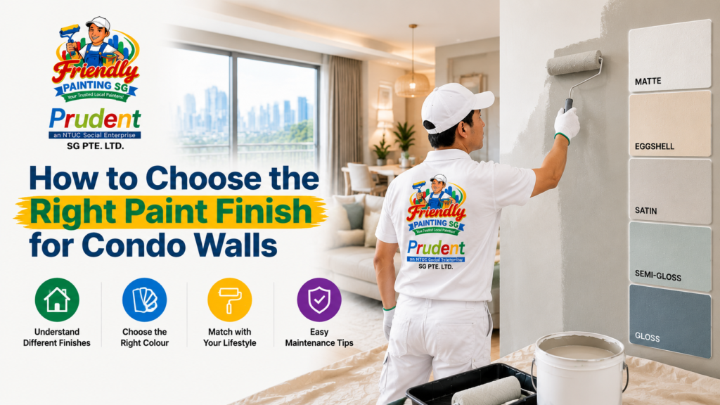Choosing the right paint finish for condo walls with matte, eggshell, satin, semi-gloss, and gloss options shown by Friendly Painting SG.