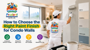 Choosing the right paint finish for condo walls with matte, eggshell, satin, semi-gloss, and gloss options shown by Friendly Painting SG.