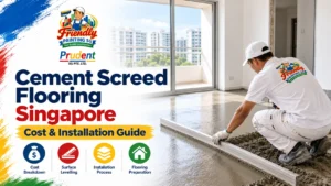 cement screed flooring Singapore installation guide showing professional floor leveling work in a modern HDB home by Friendly Painting SG