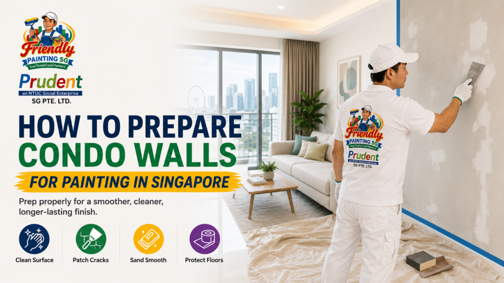 How to prepare condo walls for painting in Singapore showing a professional painter repairing and smoothing walls with steps like cleaning surfaces, patching cracks, sanding, and floor protection by Friendly Painting SG.