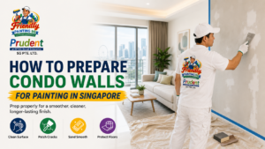 How to prepare condo walls for painting in Singapore showing a professional painter repairing and smoothing walls with steps like cleaning surfaces, patching cracks, sanding, and floor protection by Friendly Painting SG.