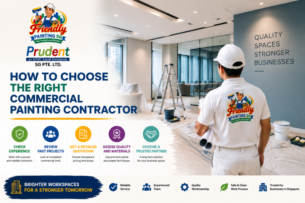 How to choose the right commercial painting contractor showing a professional painter working in a modern office space with key selection tips including experience, past projects, quality materials, detailed quotations, and trusted service by Friendly Painting SG.