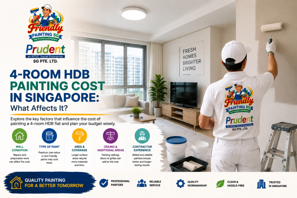 4-room HDB painting cost in Singapore guide showing a professional painter working in a modern HDB flat with key cost factors including wall condition, paint type, coverage area, additional spaces, and contractor experience by Friendly Painting SG.